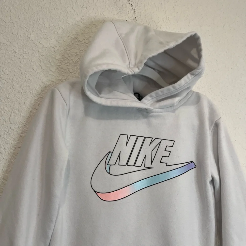Nike White Graphic Logo Swoosh Hooded Pullover Sweatshirt Kids Youth Size 6